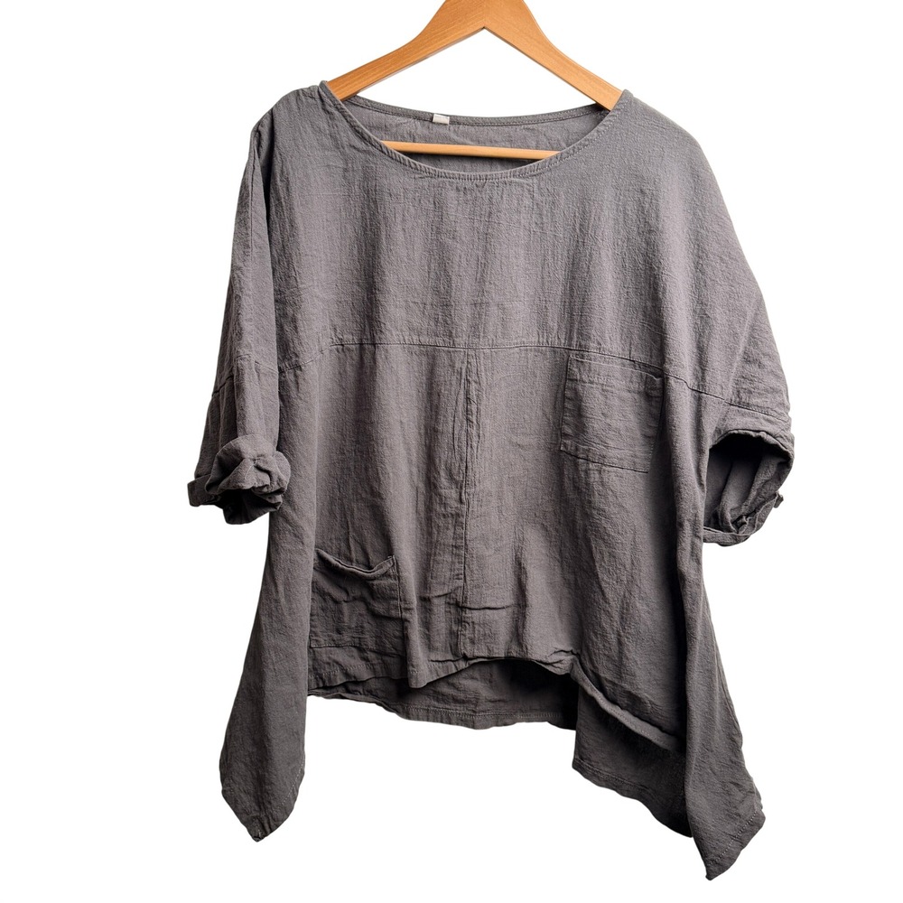 Lagenlook Top 3XL Brown Oversized Short Sleeve Pocket Blouse Boho Artsy Coastal